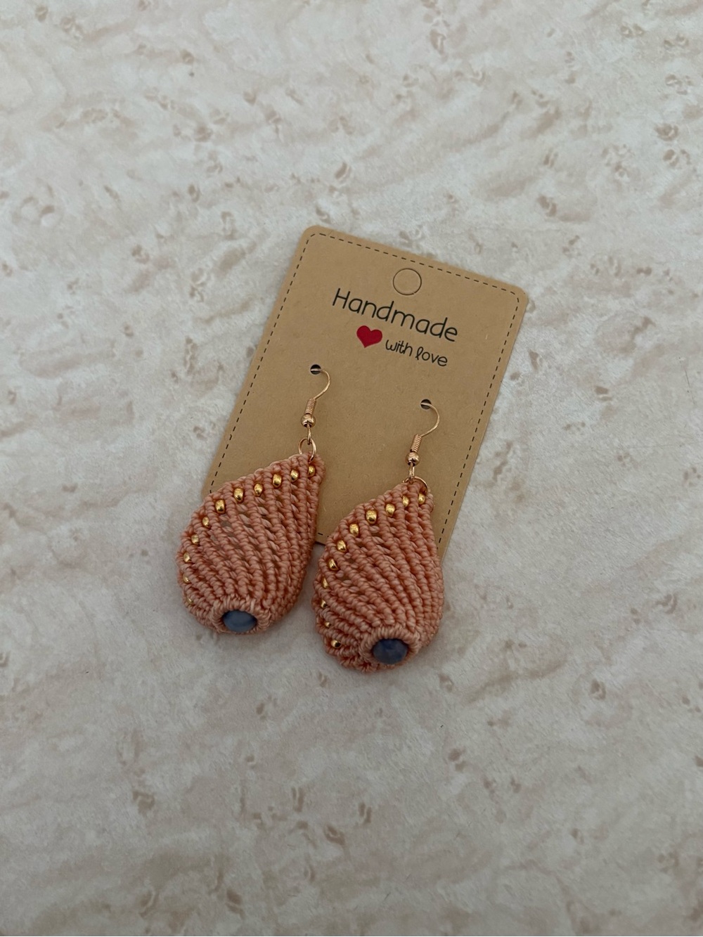 Handmade Peach Macrame Teardrop Earrings with Bead Accent